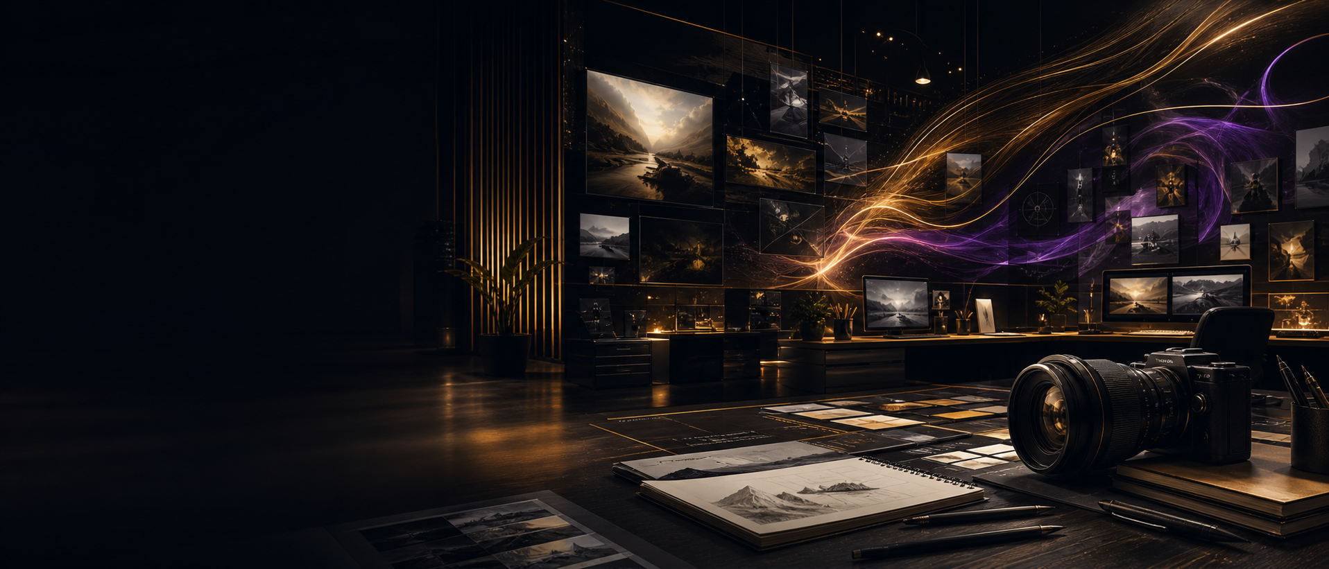 Futuristic design studio with glowing accents