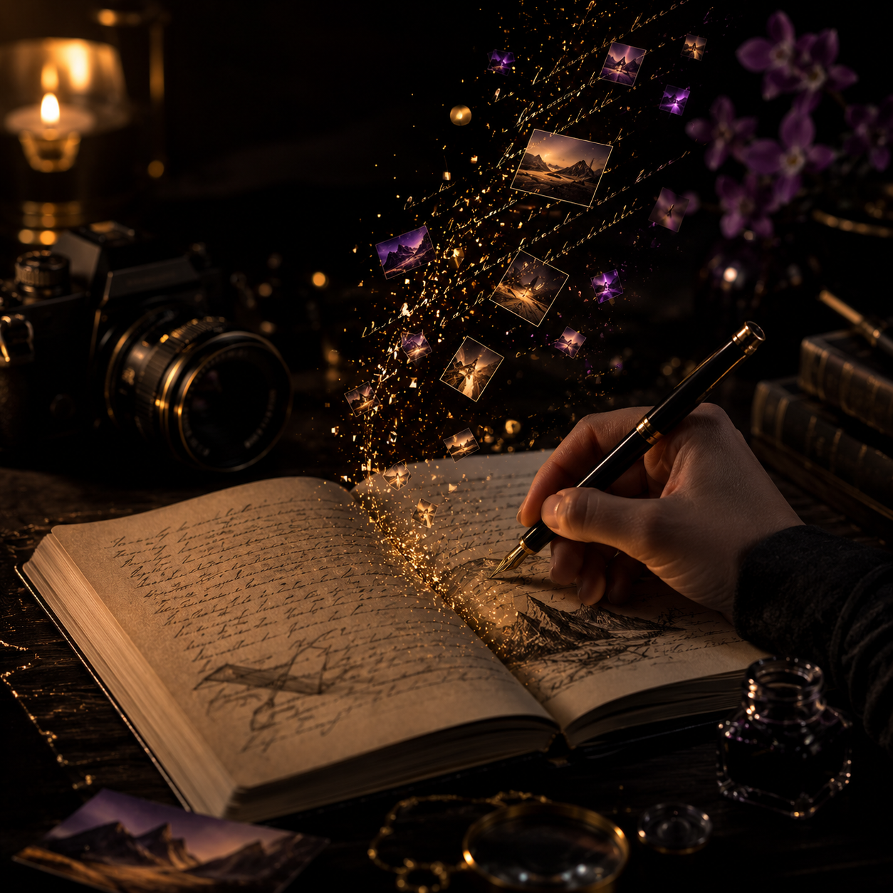 Dark creative writing scene with an open journal, pen, camera, glowing photo memories, and magical storytelling light.