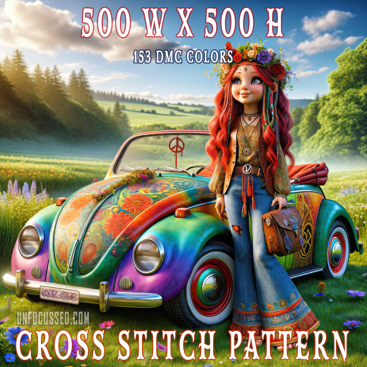 Rainbow Wheels and Red Hair Cross Stitch Pattern