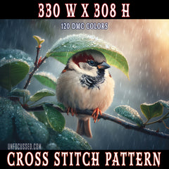 Sparrow's Rainy Refuge Cross Stitch Pattern