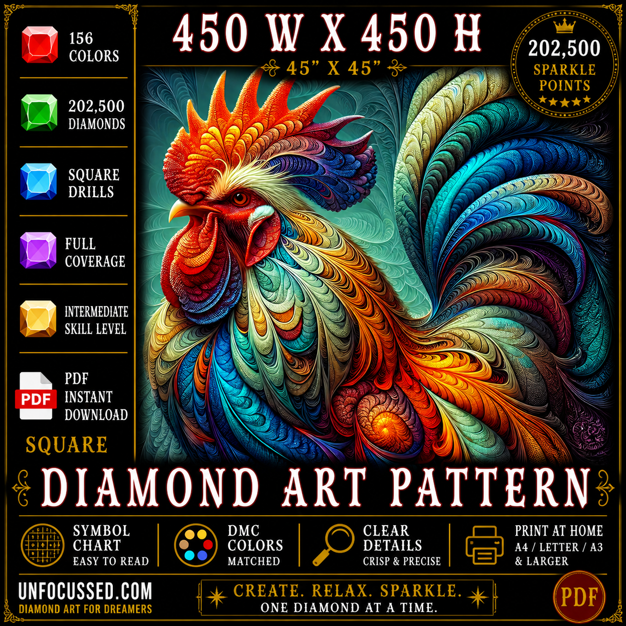 The Regal Acanthus Rooster Diamond Art Pattern