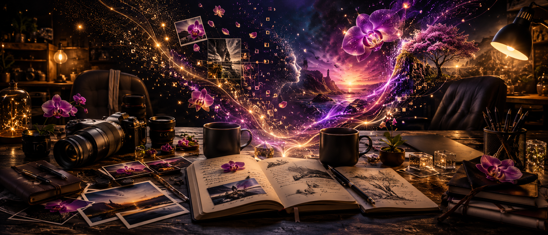 Unfocussed creative studio scene with photography gear, orchids, handwritten journal, and cinematic fantasy storytelling energy.
