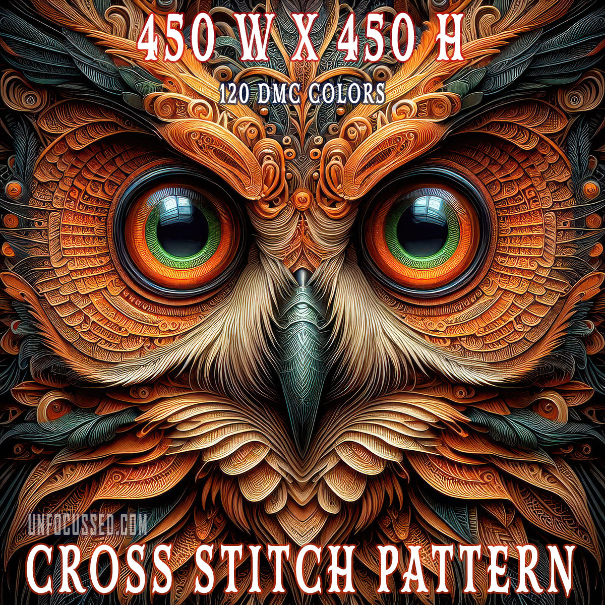 Vibrant Eyes of the Ethereal Owl Cross Stitch Pattern