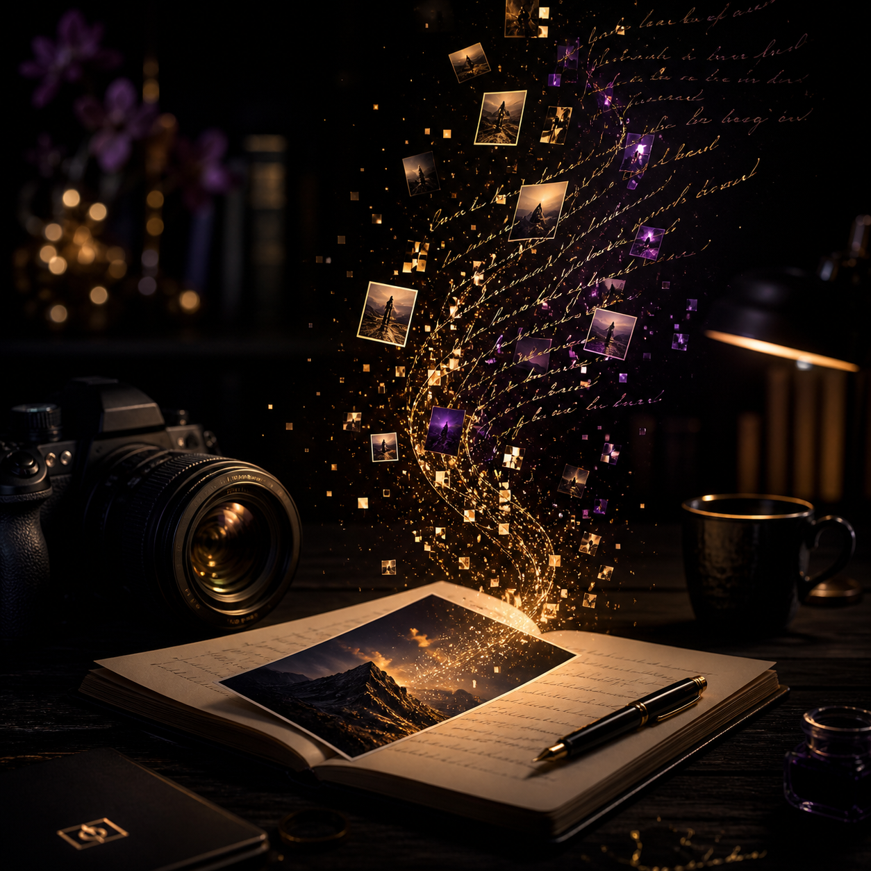 Dark creative workspace with camera, open journal, and glowing image fragments transforming into handwritten storytelling light.