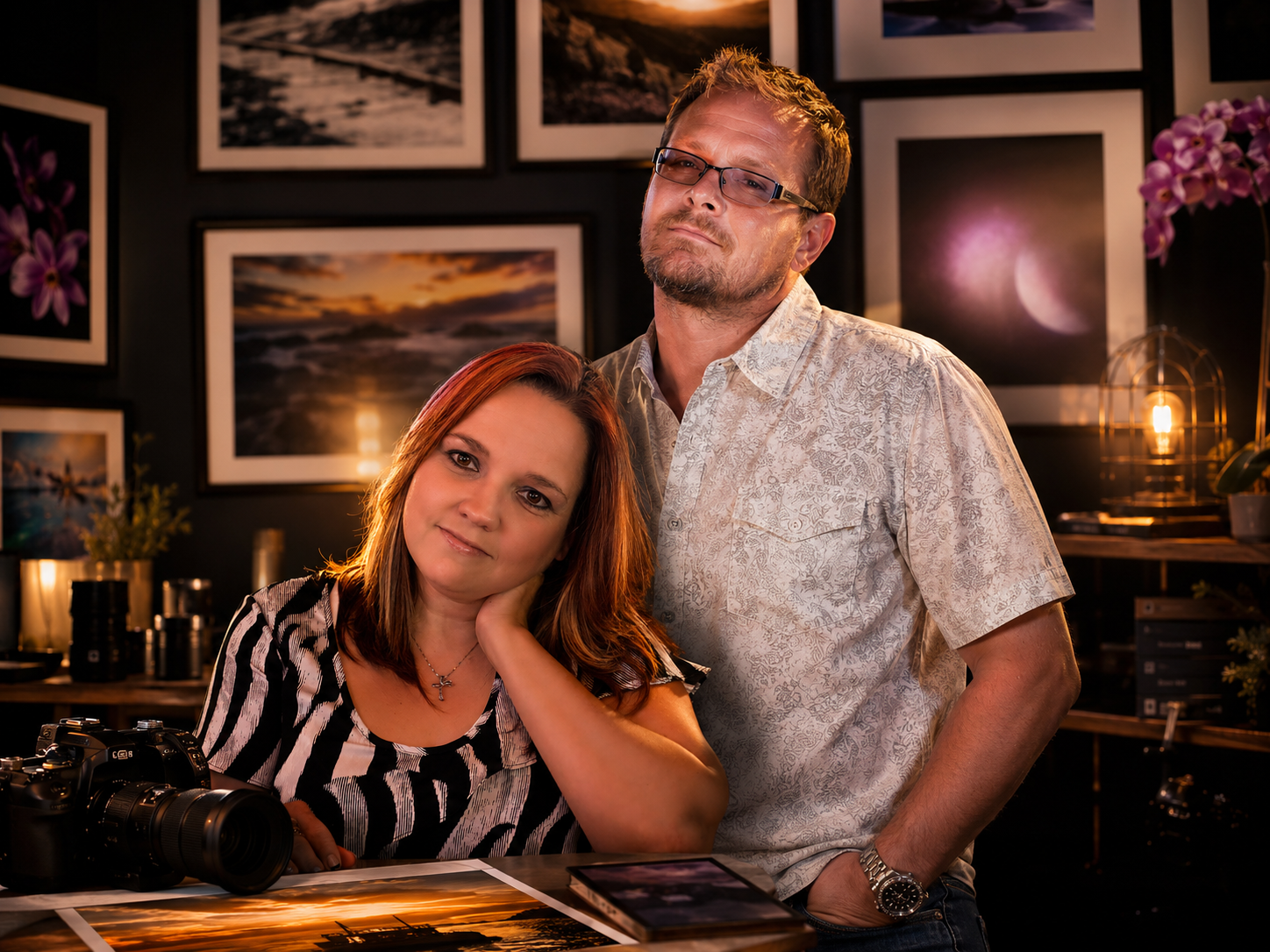 Artistic studio portrait of a creative couple with camera equipment, framed photographic art, orchids, and a warm cinematic atmosphere.
