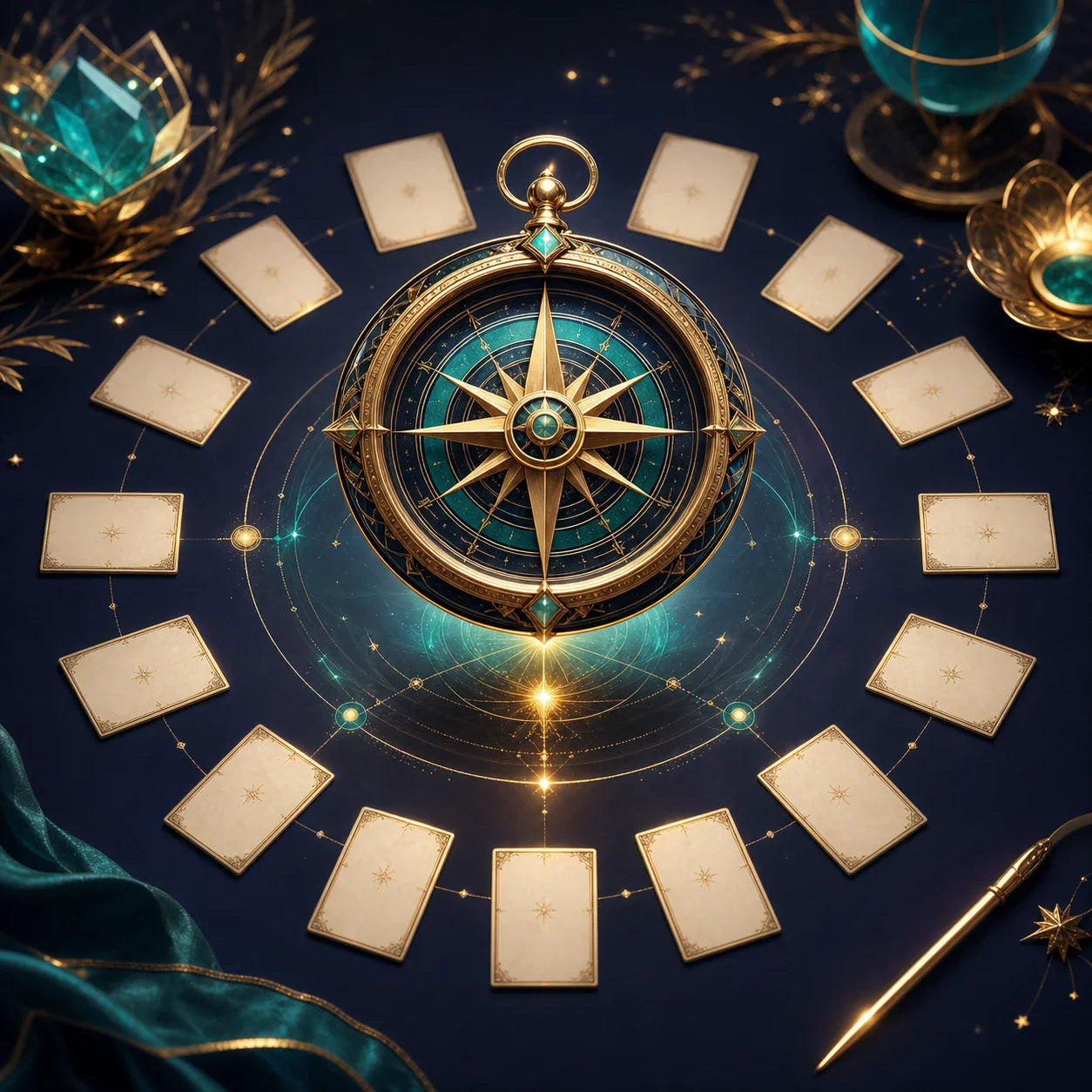 A golden content compass guiding a two-week path across an editorial planning desk
