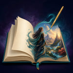 A manuscript opening into a luminous illustrated book world