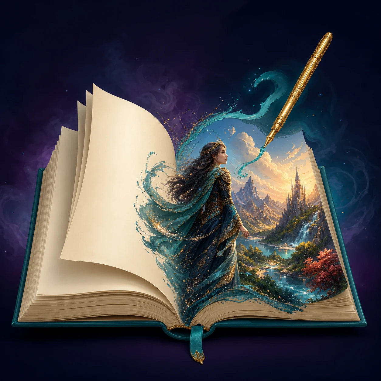 A manuscript opening into a luminous illustrated book world