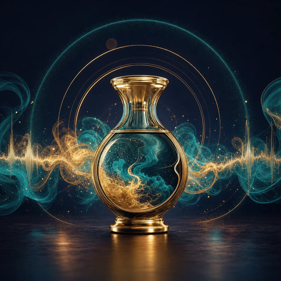 A resonant vessel sending a clear golden voice through a refined brand studio