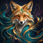 An expressive animal portrait emerging from jewel-toned abstract detail