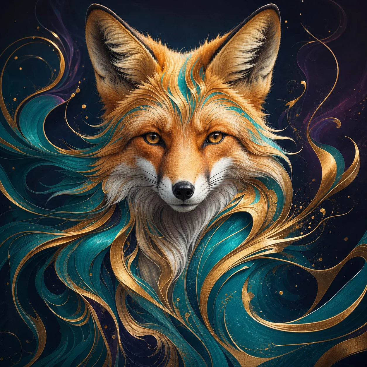 An expressive animal portrait emerging from jewel-toned abstract detail