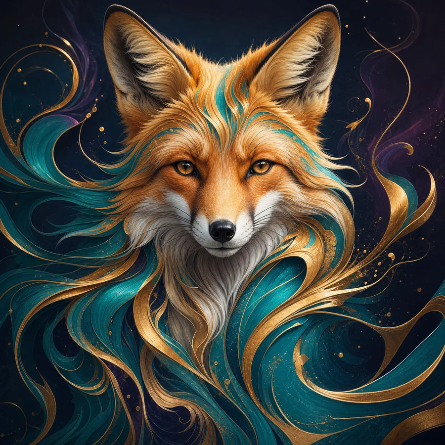 An expressive animal portrait emerging from jewel-toned abstract detail