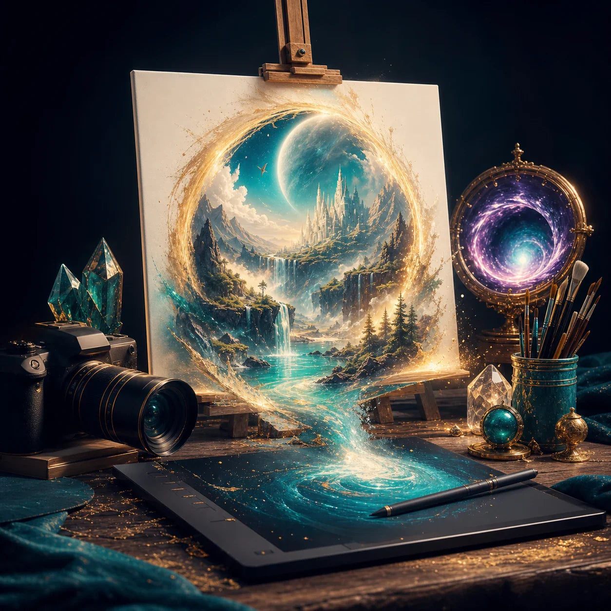 An illuminated commission studio with a central artwork taking shape