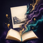 A luminous artwork transforming into descriptive words and a branching story path