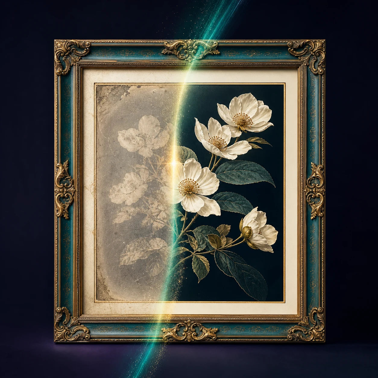 A worn photograph being carefully restored into a clean print-ready image