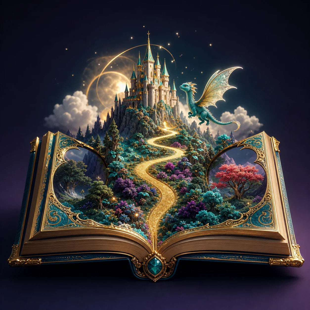 A richly illustrated story world opening from a keepsake book