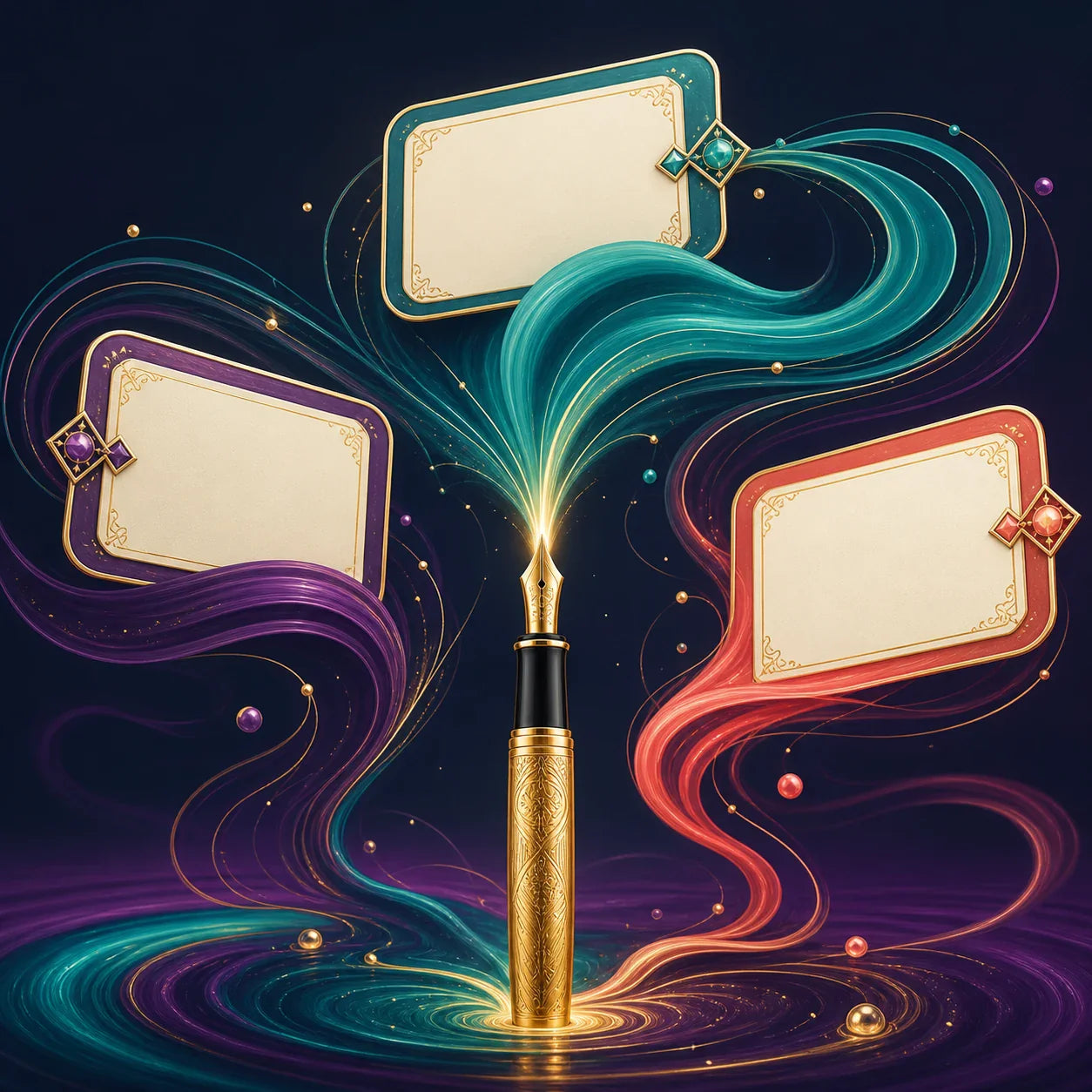Luminous message ribbons moving through a coordinated social content studio