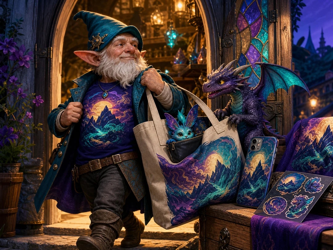 A traveling gnome carrying fantasy art on a shirt, tote bag, pouch, phone case and stickers