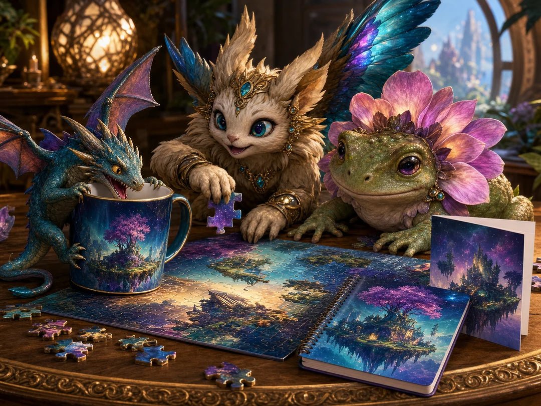 Fantasy creatures causing cheerful trouble around a puzzle, mug, notebook and greeting card