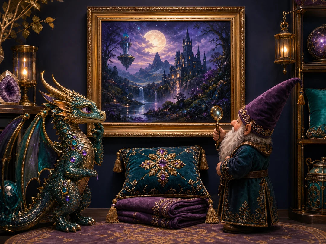 A jeweled dragon and gnome curator inspecting framed fantasy art and jewel-toned decor