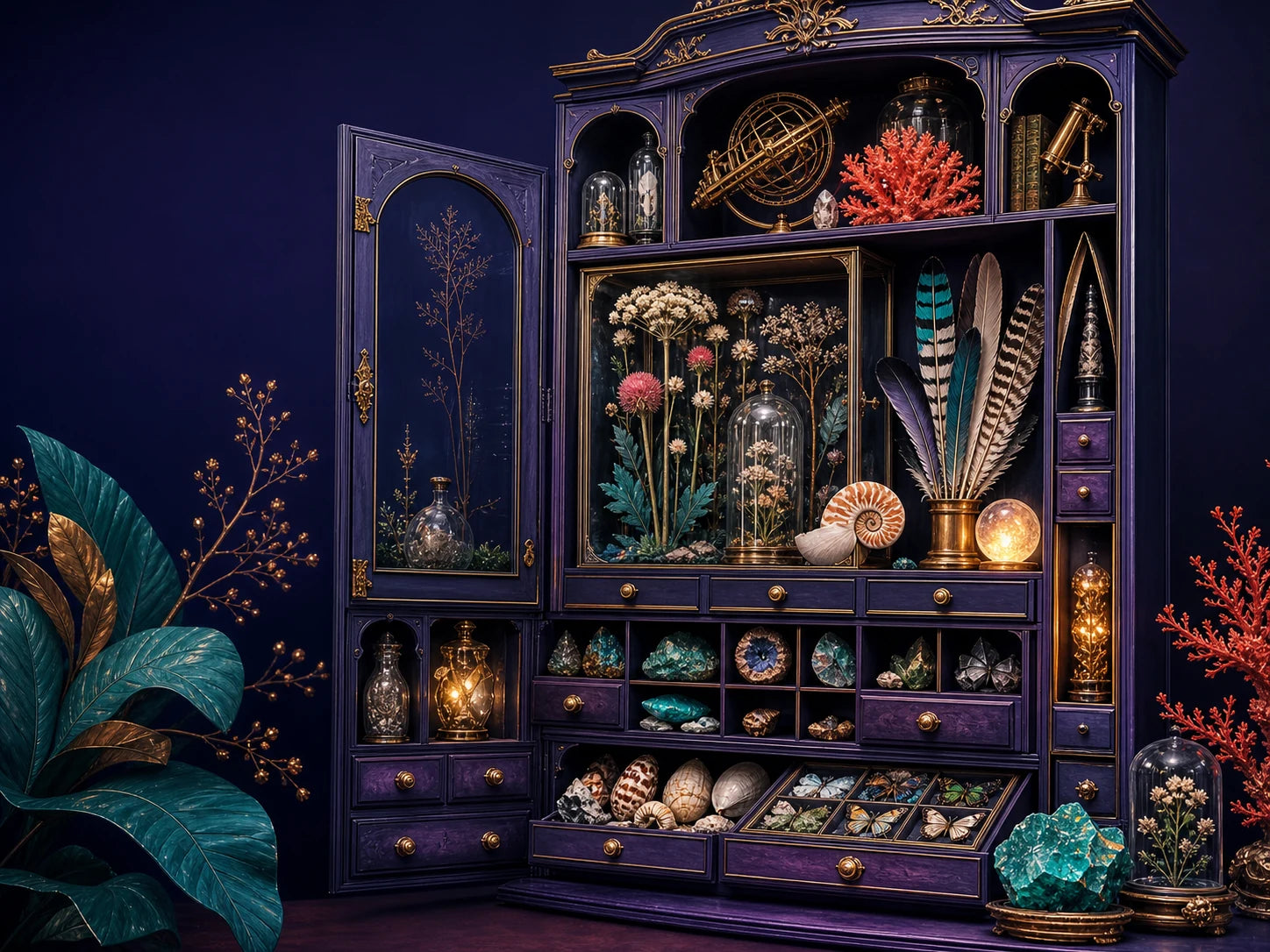 A cabinet of artistic, scientific and natural curiosities beneath a luminous night sky