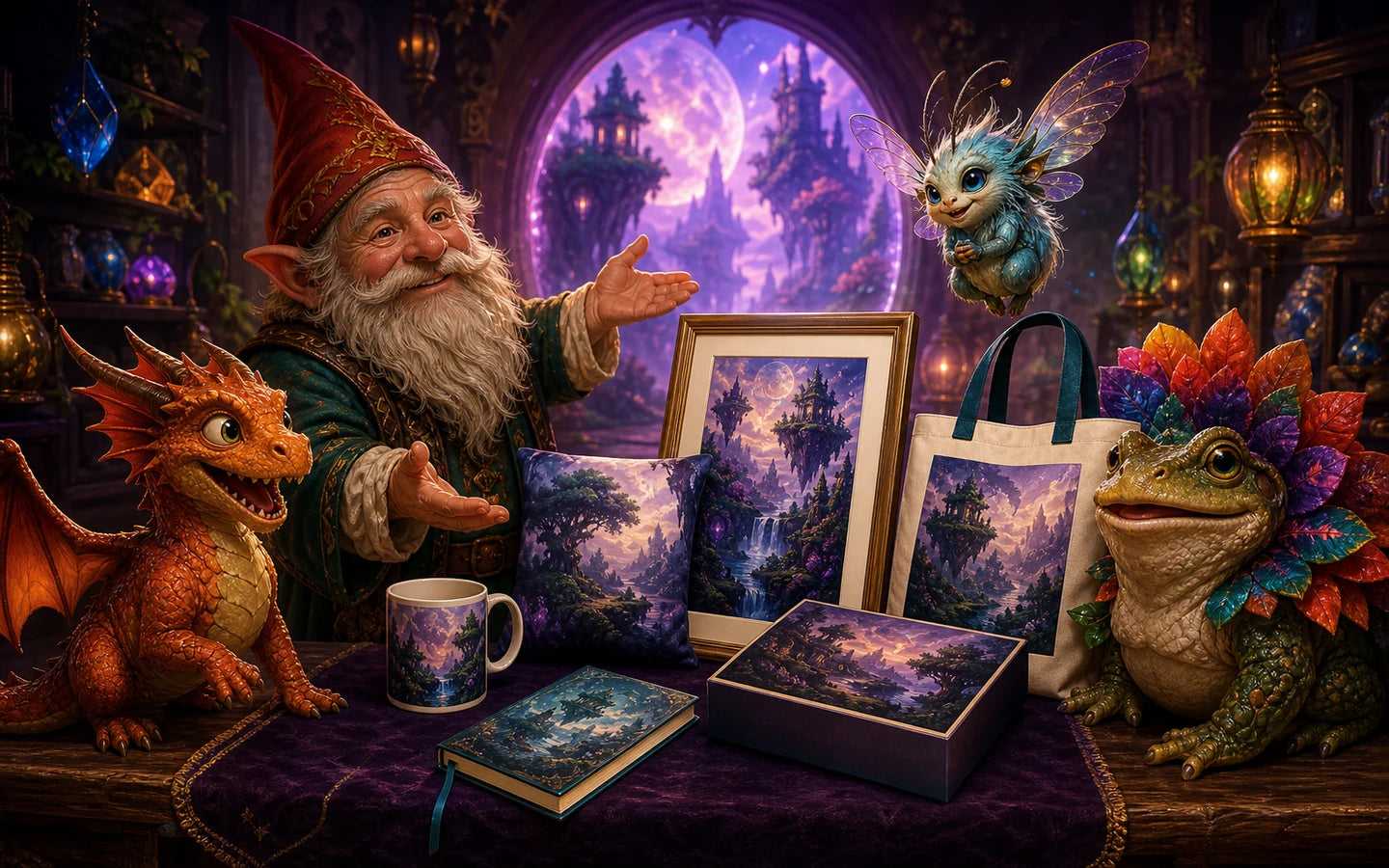 A gnome, dragon, winged creature and flower-backed toad presenting fantasy artwork on prints, decor and gifts
